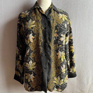 Silk Leaf Print Long Sleeve Blouse M/L